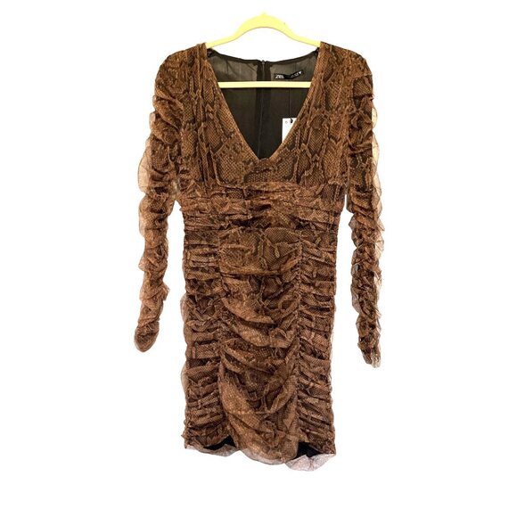 Zara Brown Snake Print Mesh Ruched Long Sleeve Mini Dress Size L - Picture 1 of 8